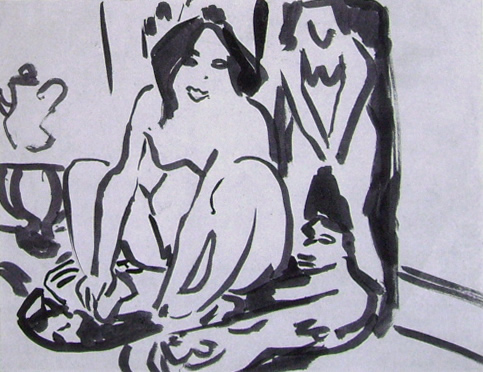 Eernst Ludwig Kirchner: Nudo di ragazza accoccolata, anno 1909-10, inchiostro su cartoncino, 34 x 44 cm., Brücke-Museum, Berlino.
